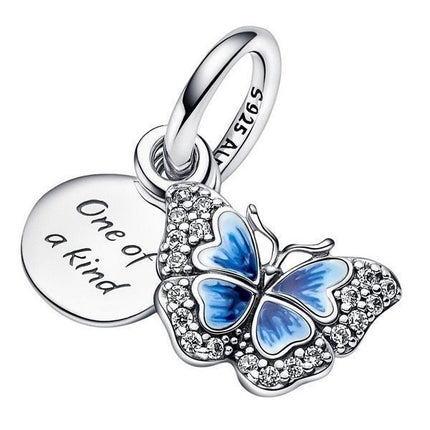 Charm double pendentif Pandora avec papillon bleu et citation 790757C01 pour femme