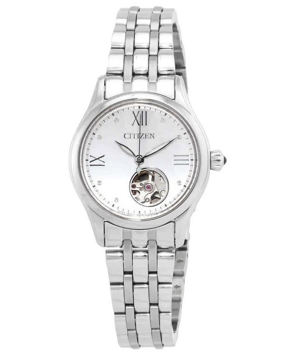 Montre automatique pour femme Citizen Luna en acier inoxydable à cœur ouvert et cadran argenté PR1040-88A