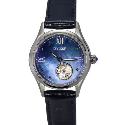 Montre pour femme Citizen Luna avec bracelet en cuir et nacre bleue, cadran à  cœur ouvert, automatique PR1041-18N