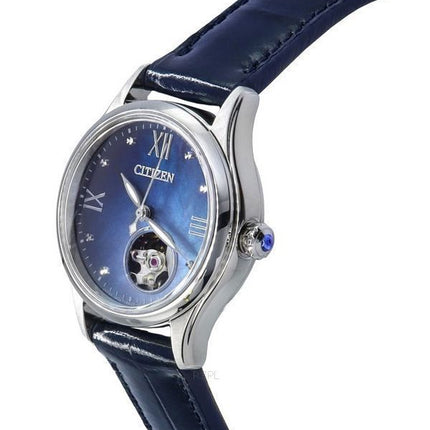 Montre pour femme Citizen Luna avec bracelet en cuir et nacre bleue, cadran à  cœur ouvert, automatique PR1041-18N