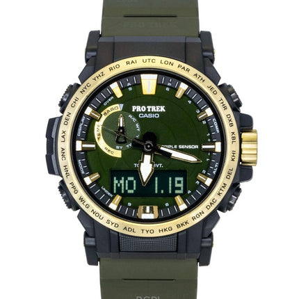 Montre homme Casio Pro Trek analogique-numérique 30e anniversaire, bracelet en résine biosourcée, cadran vert, solaire PRW-61ANS-3, étanche à 100 m