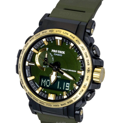 Montre homme Casio Pro Trek analogique-numérique 30e anniversaire, bracelet en résine biosourcée, cadran vert, solaire PRW-61ANS-3, étanche à 100 m
