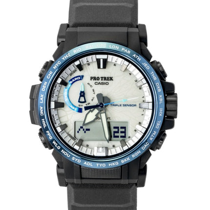 Montre homme Casio Pro Trek Dragon Eye analogique-numérique radiocommandée, cadran blanc, solaire PRW-61D-2, étanche à 100 m