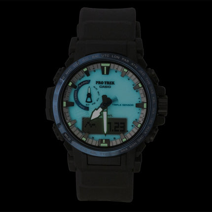 Montre homme Casio Pro Trek Dragon Eye analogique-numérique radiocommandée, cadran blanc, solaire PRW-61D-2, étanche à 100 m