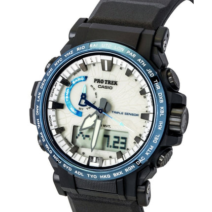 Montre homme Casio Pro Trek Dragon Eye analogique-numérique radiocommandée, cadran blanc, solaire PRW-61D-2, étanche à 100 m