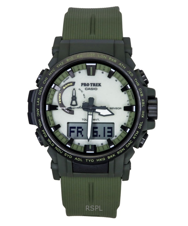 Montre homme Casio Pro Trek analogique numérique, bracelet en résine biosourcée, cadran blanc, solaire PRW-61LD-3, 100 m