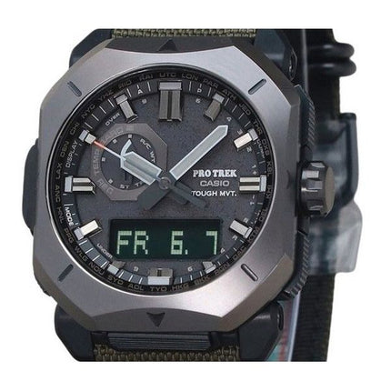Montre pour homme Casio ProTrek analogique numérique vert Cordura bracelet en tissu cadran gris robuste solaire PRW-6900YB-3 100