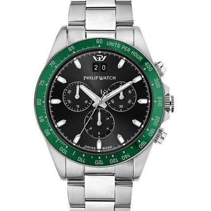 Montre pour homme Philip Watch Caribe Sport chronographe en acier inoxydable cadran noir soleillé Quartz R8273607010 100M
