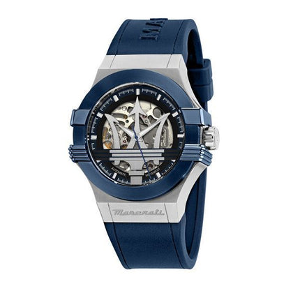 Montre pour homme Maserati Potenza avec bracelet en caoutchouc bleu et cadran squelette argenté automatique R8821108035 100M