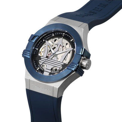 Montre pour homme Maserati Potenza avec bracelet en caoutchouc bleu et cadran squelette argenté automatique R8821108035 100M
