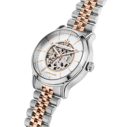 Montre pour homme Maserati Epoca deux tons en acier inoxydable avec cadran squelette argenté automatique R8823118011 100M