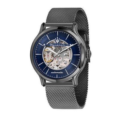 Montre pour homme Maserati Epoca, bracelet en maille d&#39,acier inoxydable, cadran squelette bleu, automatique, R8823118012, 10