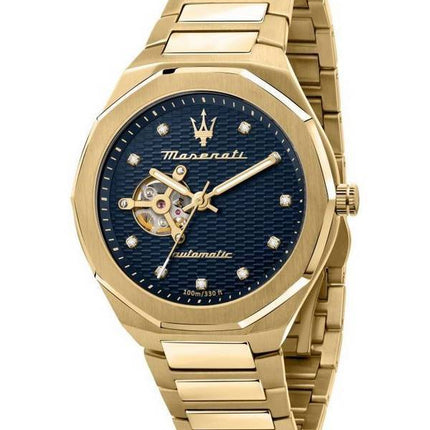 Maserati Stille Diamond Accents Acier Inoxydable Doré Coeur Ouvert Cadran Bleu Automatique R8823140006 100M Montre Homme