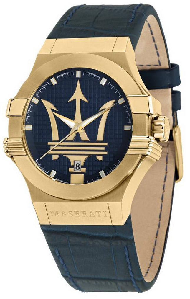 Maserati Potenza Cadran Bleu Bracelet En Cuir Quartz R8851108035 100M Montre Homme
