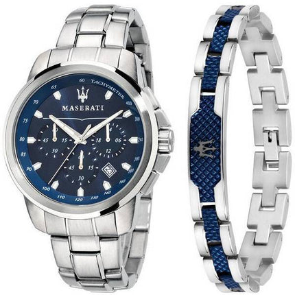 Maserati Successo Chronographe Acier Inoxydable Cadran Bleu Quartz R8851121016 Montre Homme Coffret Cadeau