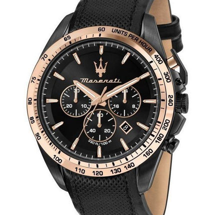 HORS Montre Homme Maserati Traguardo Chronographe Bracelet Cuir Cadran Noir Quartz R8871612036 100M