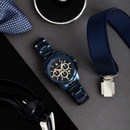 Montre Maserati Successo Chronographe en acier inoxydable avec cadran bleu et quartz R8873621040 pour homme