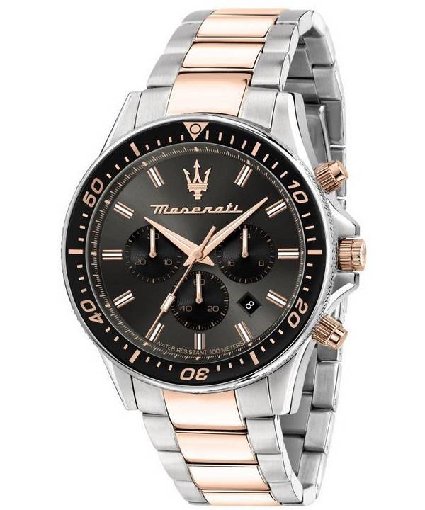 Maserati Sfida Chronographe Deux Tons Acier Inoxydable Cadran Noir Quartz R8873640002 100M Montre Homme