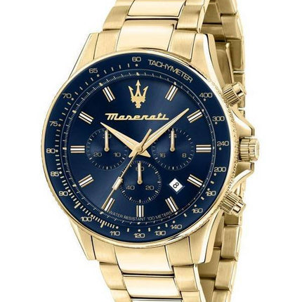 Maserati Sfida Chronograph Gold Tone Acier Inoxydable Cadran Bleu Quartz R8873640008 100M Montre Homme