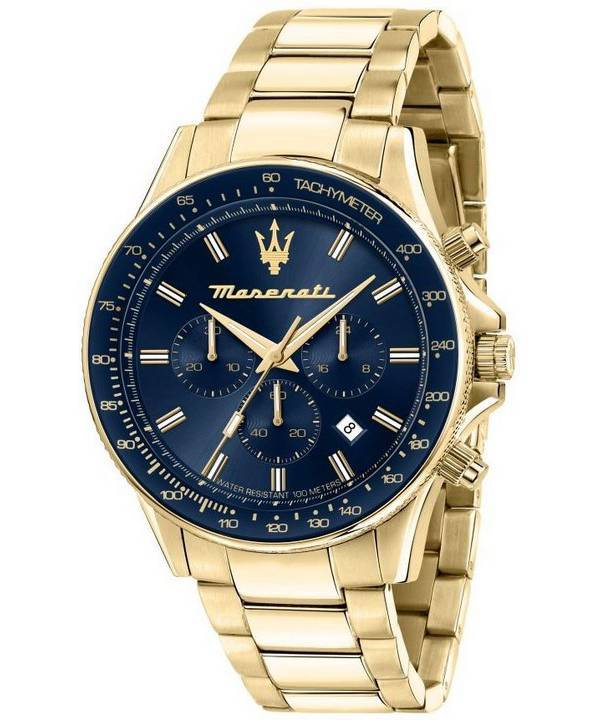 Maserati Sfida Chronograph Gold Tone Acier Inoxydable Cadran Bleu Quartz R8873640008 100M Montre Homme