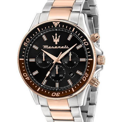 Maserati Sfida Chronographe Deux Tons Acier Inoxydable Cadran Noir Quartz R8873640009 100M Montre Homme