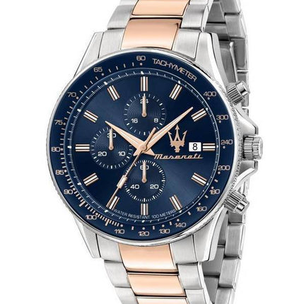 Maserati Sfida Chronographe Deux Tons Acier Inoxydable Cadran Bleu Quartz R8873640012 100M Montre Homme
