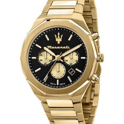 Maserati Stile Chronograph Gold Tone Acier Inoxydable Cadran Noir Quartz R8873642001 100M Montre Homme