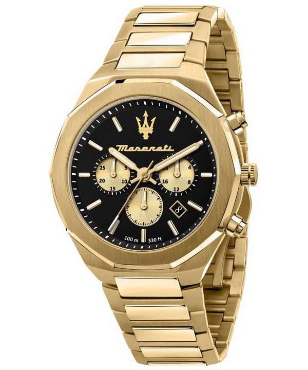 Maserati Stile Chronograph Gold Tone Acier Inoxydable Cadran Noir Quartz R8873642001 100M Montre Homme
