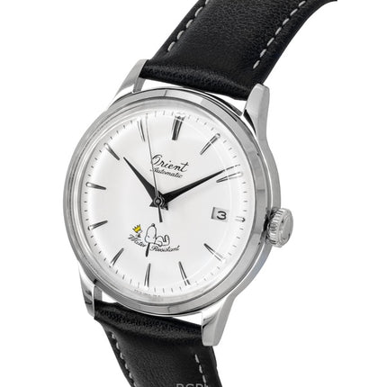 Montre automatique pour homme Orient Bambino Peanuts 75e anniversaire, bracelet en cuir, cadran blanc, édition limitée, RA-AC0M16S