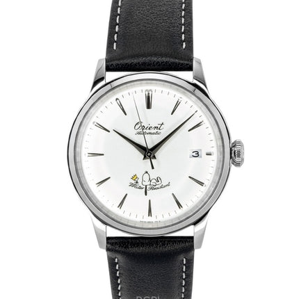 Montre automatique pour homme Orient Bambino Peanuts 75e anniversaire, bracelet en cuir, cadran blanc, édition limitée, RA-AC0M16S