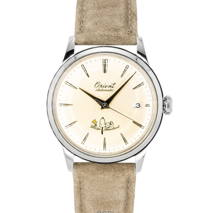Montre automatique pour homme Orient Bambino Peanuts, édition limitée 75e anniversaire, bracelet en cuir, cadran champagne, RA-AC0M17G