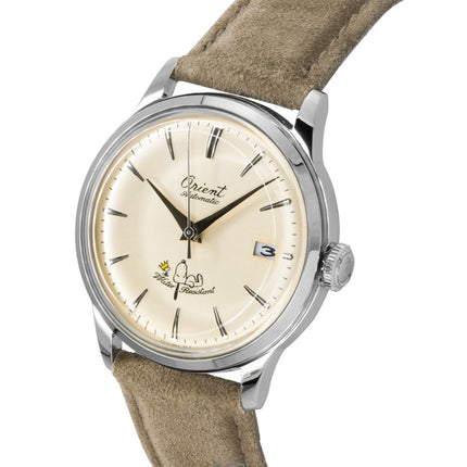 Montre automatique pour homme Orient Bambino Peanuts, édition limitée 75e anniversaire, bracelet en cuir, cadran champagne, RA-AC0M17G
