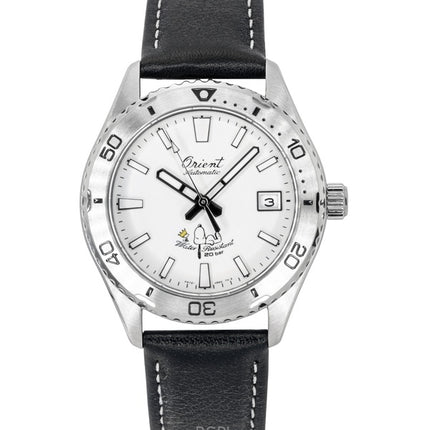 Montre de plongée automatique Orient Mako 40 Peanuts édition limitée, bracelet en cuir, cadran blanc, RA-AC0Q08S, 200 m