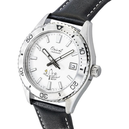 Montre de plongée automatique Orient Mako 40 Peanuts édition limitée, bracelet en cuir, cadran blanc, RA-AC0Q08S, 200 m