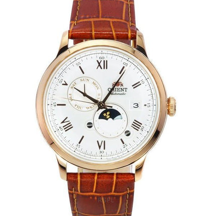 Orient Bambino Version 9 Classique Soleil et Phase de Lune Bracelet en cuir Cadran blanc Automatique RA-AK0801S00C Montre pour h