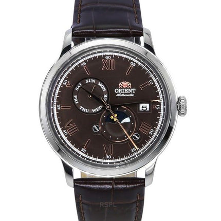 Orient Bambino Version 9 Classique Soleil et Phase de Lune Bracelet en cuir Cadran marron Automatique RA-AK0804Y00C Montre pour