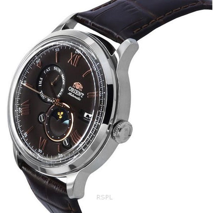 Orient Bambino Version 9 Classique Soleil et Phase de Lune Bracelet en cuir Cadran marron Automatique RA-AK0804Y00C Montre pour