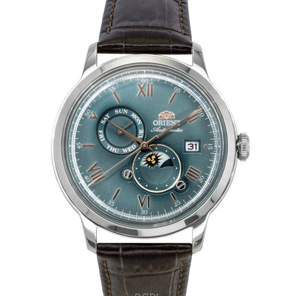Montre automatique pour homme Orient Classic Soleil et Lune, bracelet en cuir, cadran vert, RA-AK0805E