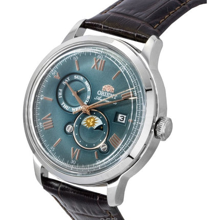 Montre automatique pour homme Orient Classic Soleil et Lune, bracelet en cuir, cadran vert, RA-AK0805E
