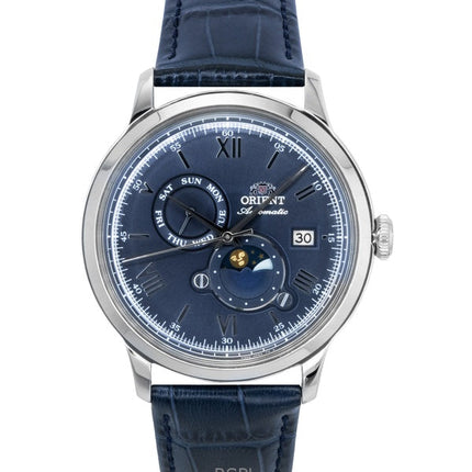 Montre homme Orient Classic Soleil et Lune, bracelet en cuir, cadran bleu marine, automatique RA-AK0806L