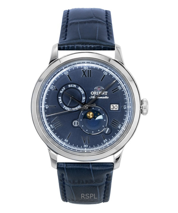Montre homme Orient Classic Soleil et Lune, bracelet en cuir, cadran bleu marine, automatique RA-AK0806L