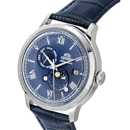 Montre homme Orient Classic Soleil et Lune, bracelet en cuir, cadran bleu marine, automatique RA-AK0806L