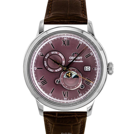 Montre automatique pour homme Orient Classic Soleil et Lune, bracelet en cuir, cadran bordeaux, RA-AK0807R
