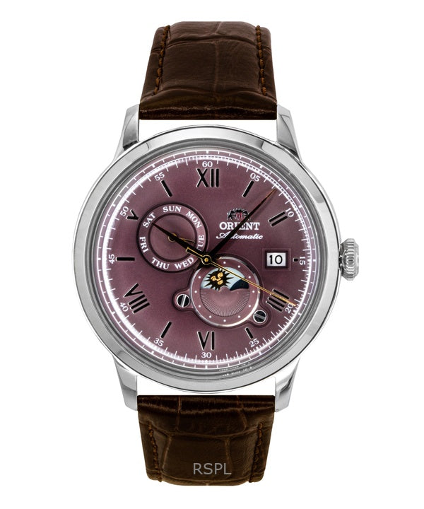 Montre automatique pour homme Orient Classic Soleil et Lune, bracelet en cuir, cadran bordeaux, RA-AK0807R