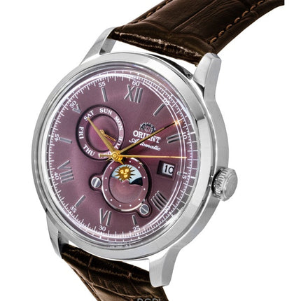 Montre automatique pour homme Orient Classic Soleil et Lune, bracelet en cuir, cadran bordeaux, RA-AK0807R