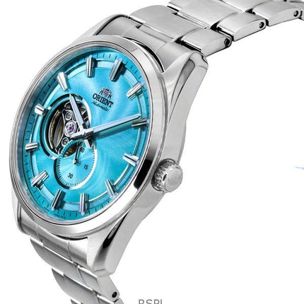 Montre automatique pour homme Orient Classic Contemporary en acier inoxydable avec cadran bleu clair en forme de cœur ouvert RA-