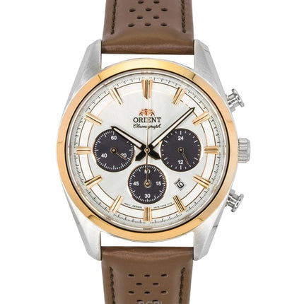 Montre homme Orient Contemporary Chronograph, bracelet en cuir, cadran blanc, quartz, RA-TX0306S