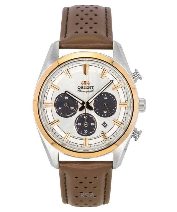 Montre homme Orient Contemporary Chronograph, bracelet en cuir, cadran blanc, quartz, RA-TX0306S