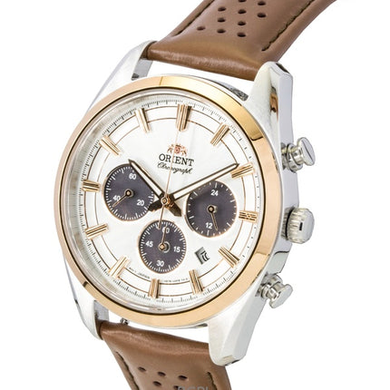 Montre homme Orient Contemporary Chronograph, bracelet en cuir, cadran blanc, quartz, RA-TX0306S