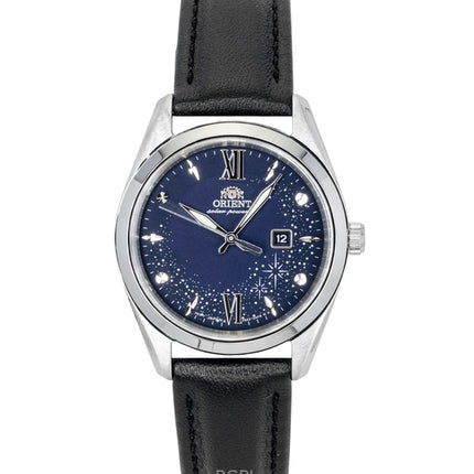 Montre femme Orient Stretto à bracelet en cuir, cadran bleu et énergie solaire RA-WG0605L